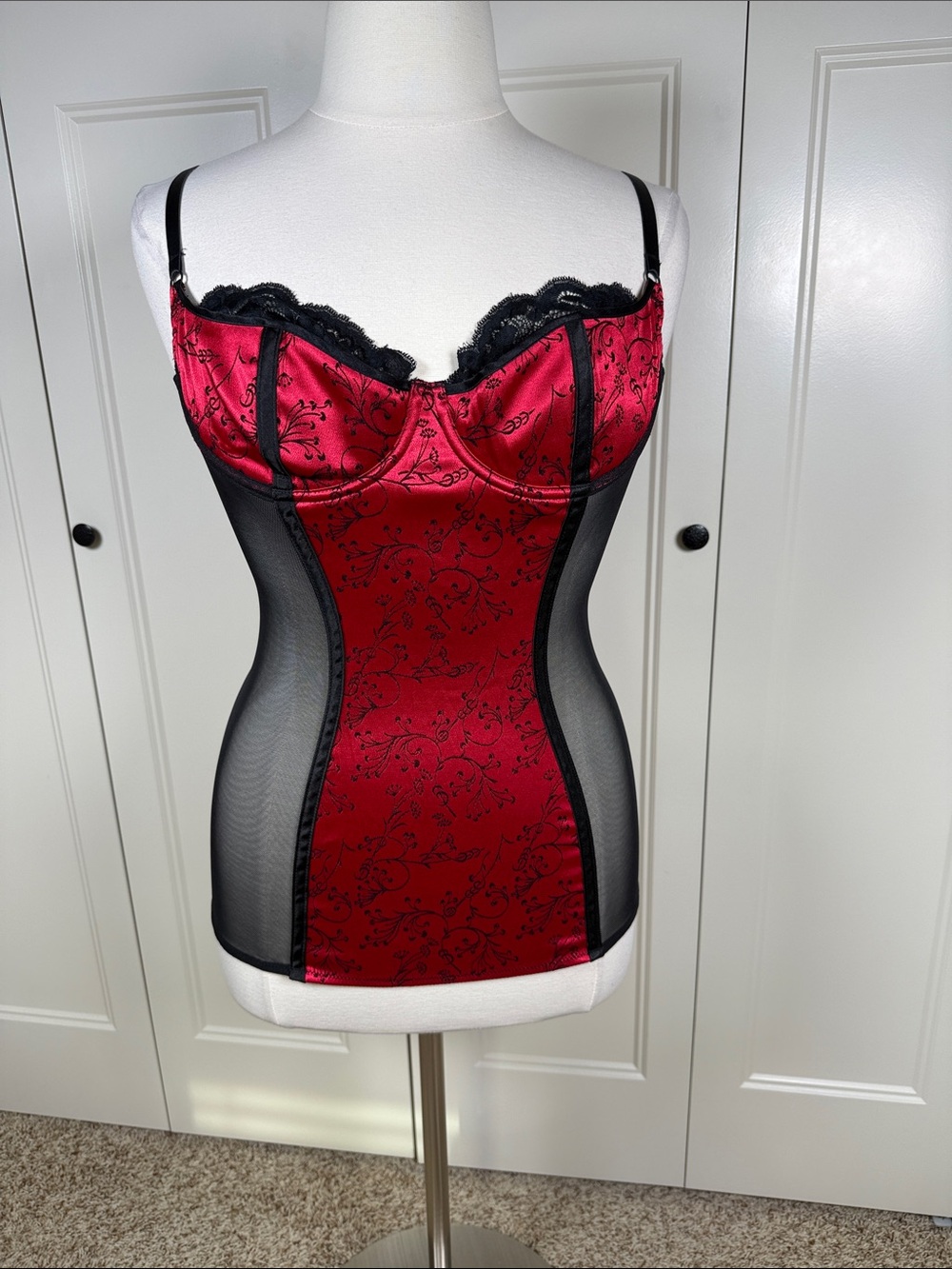 Shirley of Hollywood Red and Black Satin Lace Bustier Chemise Size XL